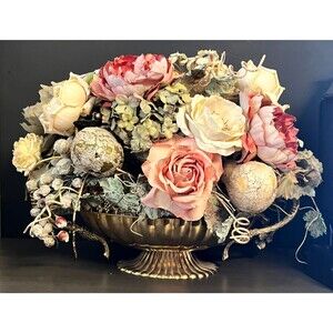 Vtg Large Ornate Grapevine Gooseneck Handle Brass Centerpiece Bowl Faux Flowers